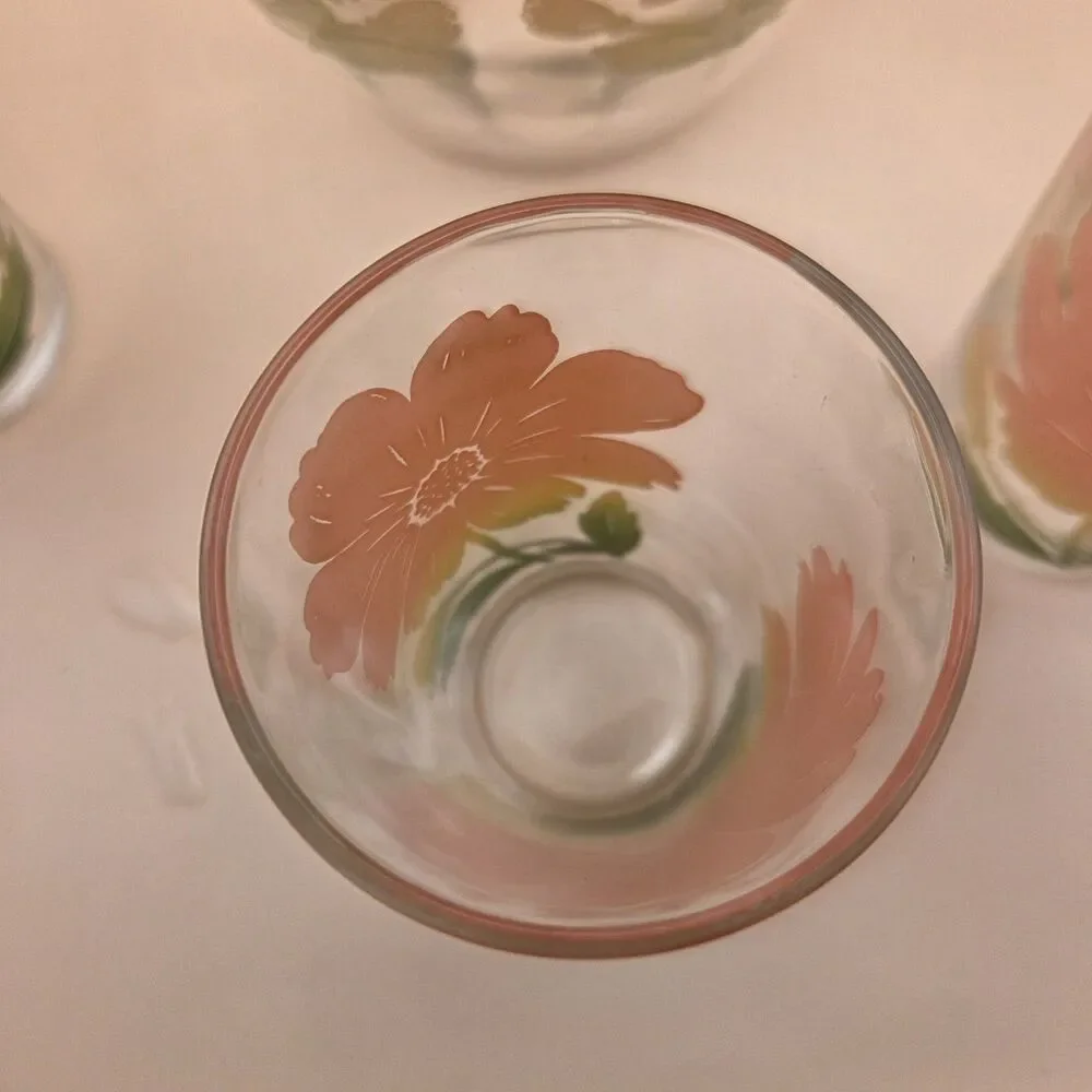Clear Glass 1 Qt Pitcher & 3 Tumblers 4pc Set Orange Green Floral MCM Decor